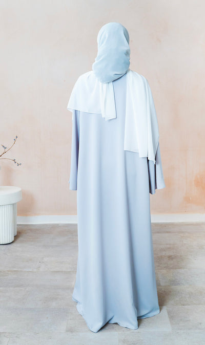 Sana Three Piece Abaya-Silver Apollo Satin