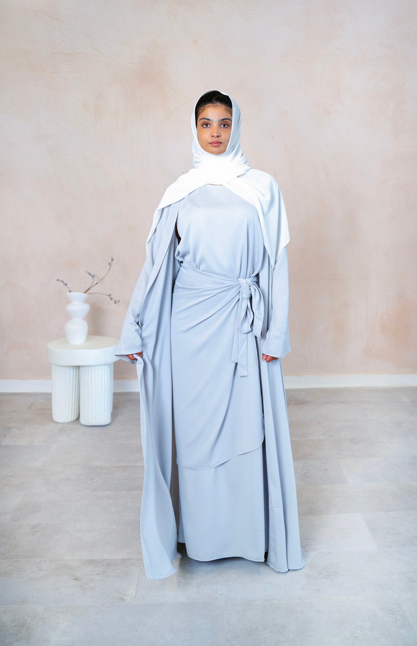 Sana Three Piece Abaya-Silver Apollo Satin